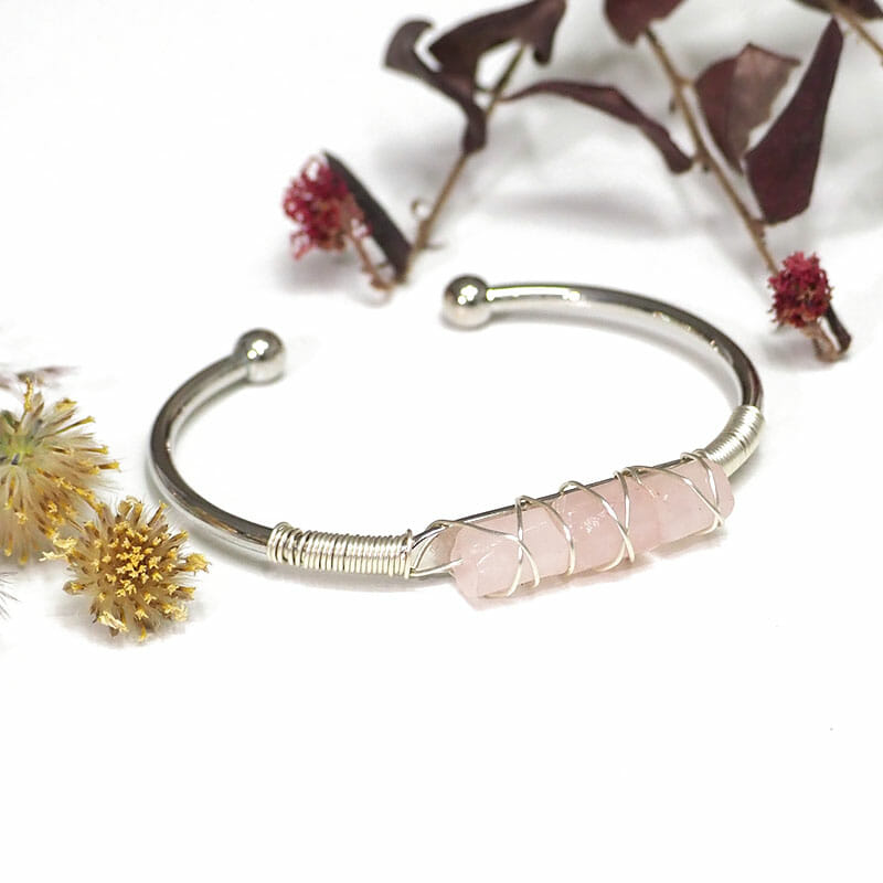 Rose Quartz Sliver Gemstone Bracelet – Stretchy Healing Stone – Silver Tone Accents