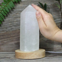 White Calcite Point with LED Light Large Display Base DS1759 | Himalayan Salt Factory