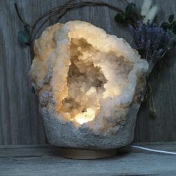 Natural Calcite Geode Lamp with Large LED Light Base DN1531 | Himalayan Salt Factory