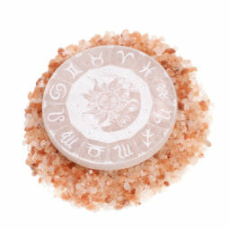 Selenite Round Engraved Plate Sun and Moon Birth Signs | Himalayan Salt Factory
