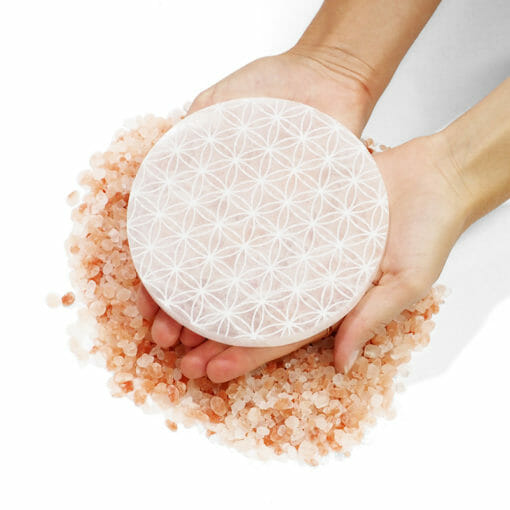 Selenite Round Engraved Plate Flower of Life | Himalayan Salt Factory