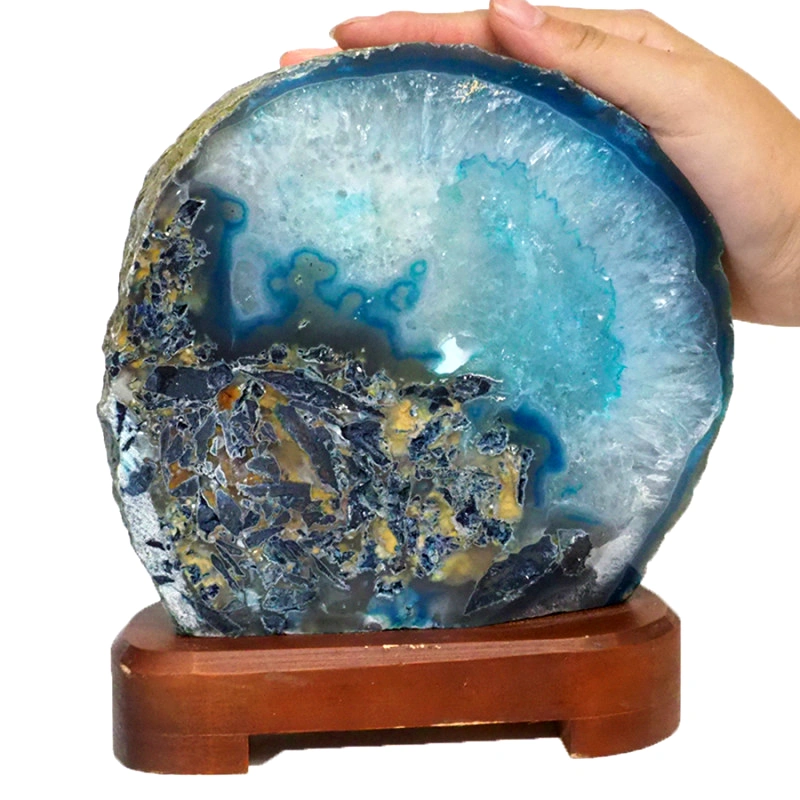 2.47kg Blue Agate Lamp - Timber Base J1428 5 Blue Agate Lamp – Timber Base J1428 | Himalayan Salt Factory