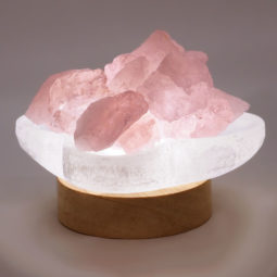 Selenite Letters Fire Bowl With Rose Quartz Rough on Small LED Base | Crystal Factory