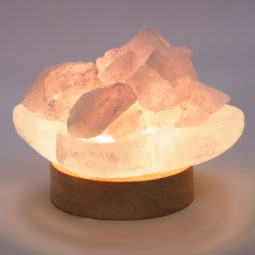 Selenite Letters Fire Bowl With Rose Quartz Rough on Small LED Base | Crystal Factory