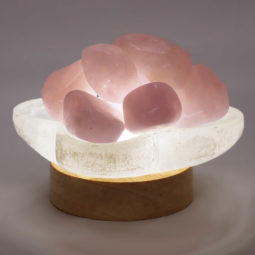 Selenite Letters Fire Bowl With Rose Quartz Tumbled Stone on Small LED Base | Crystal Factory