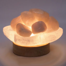 Selenite Letters Fire Bowl With Rose Quartz Tumbled Stone on Small LED Base | Crystal Factory
