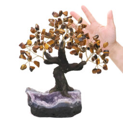 Tiger Eye Gemstone Bonsai Tree on Amethyst Cluster 24 Branches | Crystal Factory