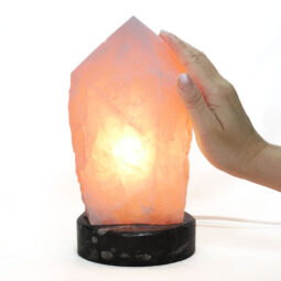 Rose Quartz Point Lamp with Ancient Fossil Orthoceras Base | Crystal Factory