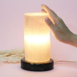 Selenite Lamp with Ancient Fossil Orthoceras Base 15cm | Crystal Factory