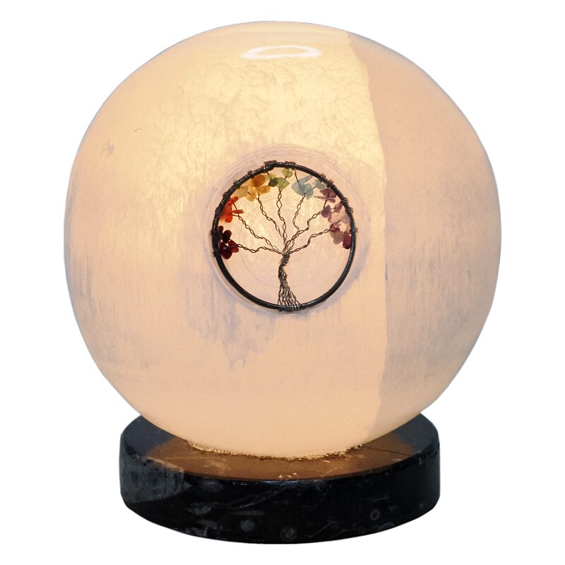 Selenite Sphere Tree of Life Lamp Orthoceras Base - Energy Efficient 4 Selenite Sphere Tree of Life Orthoceras | Crystal Factory