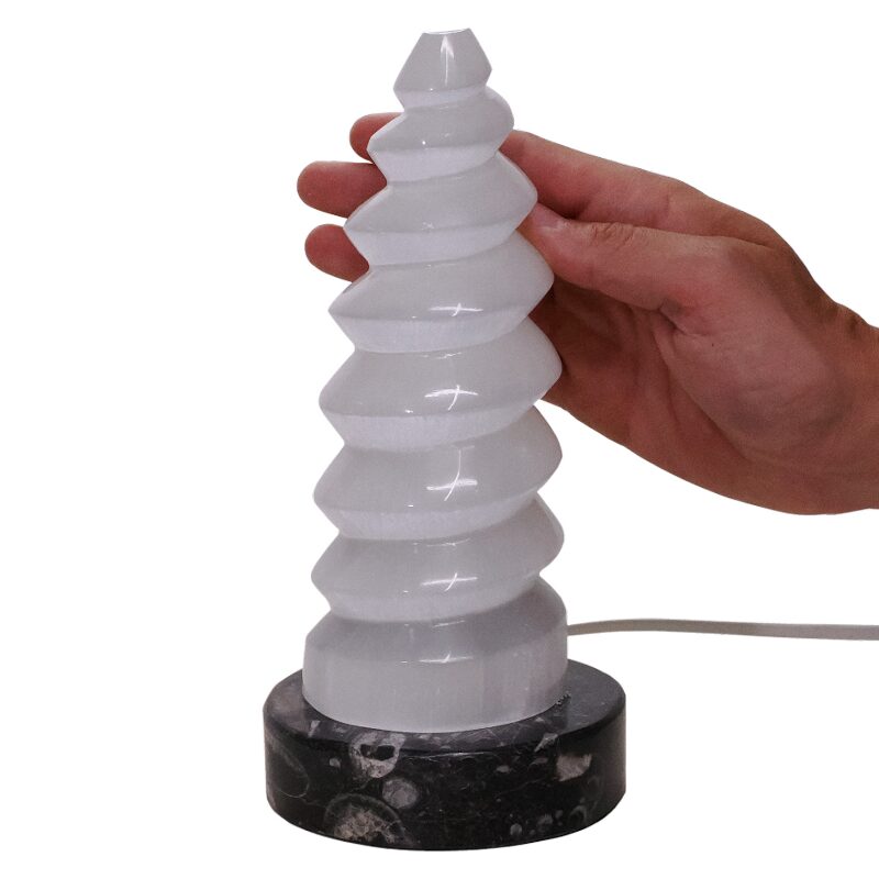 Selenite Spiral Lamp Orthoceras Base - Energy Efficient 5 Selenite Spiral Orthoceras | Crystal Factory