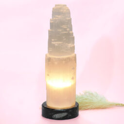 Selenite Tower Lamp 30cm with Ancient Fossil Orthoceras Base | Crystal Factory