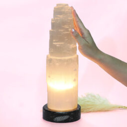 Selenite Tower Lamp 30cm with Ancient Fossil Orthoceras Base | Crystal Factory