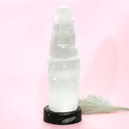 Selenite Tower Lamp 30cm with Ancient Fossil Orthoceras Base | Crystal Factory