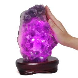 Amethyst Lamp on Wooden Base – Purple LED Bulb DB779 | Crystal Factory