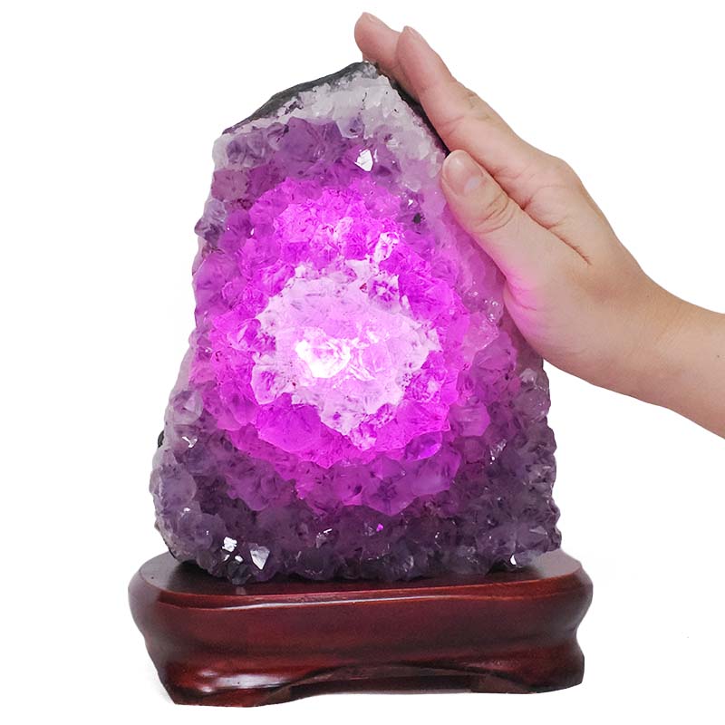 3.08kg Amethyst Lamp on Wooden Base - Purple LED Bulb L509 5 Amethyst Lamp on Wooden Base – Purple LED Bulb L509 | Crystal Factory