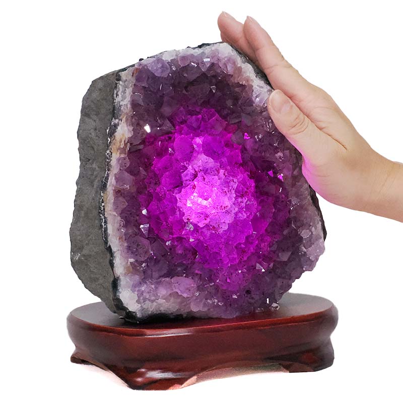 4.55kg Amethyst Lamp on Wooden Base - Purple LED Bulb L519 5 Amethyst Lamp on Wooden Base – Purple LED Bulb L519 | Crystal Factory
