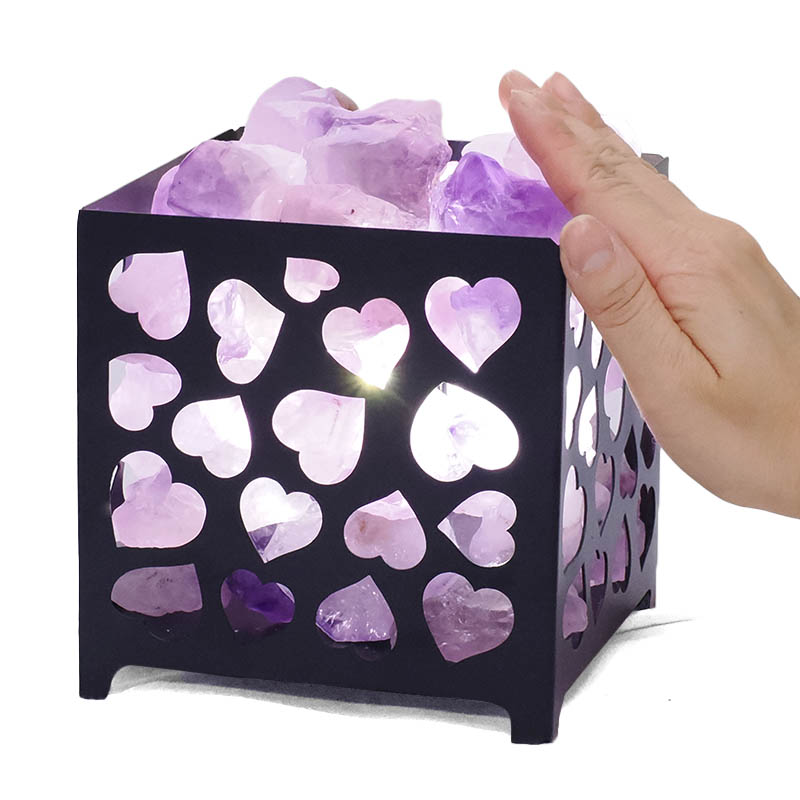 Amethyst Rough Crystal Heart Basket Lamp - White LED Bulb 5 Amethyst Rough Crystal Heart Basket Lamp | Crystal Factory