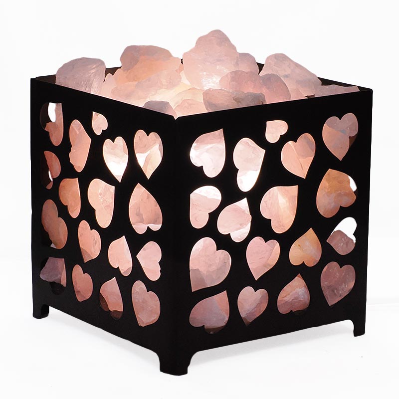 Rose Quartz Rough Crystal Heart Basket Lamp - White LED Bulb 5 Rose Quartz Rough Crystal Heart Basket Lamp | Crystal Factory