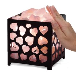 Rose Quartz Rough Crystal Heart Basket Lamp - White LED Bulb 8 Rose Quartz Rough Crystal Heart Basket Lamp | Crystal Factory