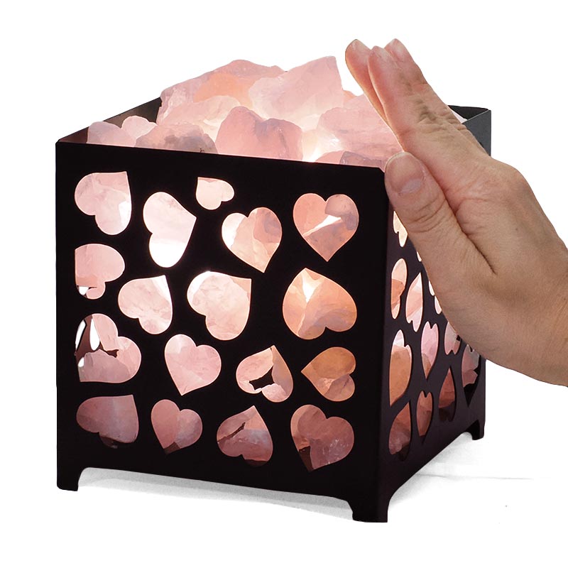 Rose Quartz Rough Crystal Heart Basket Lamp - White LED Bulb 6 Rose Quartz Rough Crystal Heart Basket Lamp | Crystal Factory