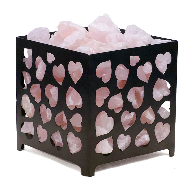 Rose Quartz Rough Crystal Heart Basket Lamp - White LED Bulb 4 Rose Quartz Rough Crystal Heart Basket Lamp | Crystal Factory