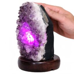 Amethyst Lamp on Wooden Base - Purple LED Bulb N2265 | Crystal Factory