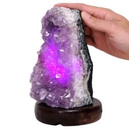 Amethyst Lamp on Wooden Base - Purple LED Bulb N2266 | Crystal Factory