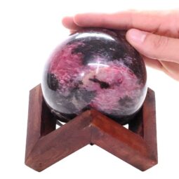 Rhodonite Jasper Sphere with Timber Display 8cm Stand T3117 | Crystal Factory