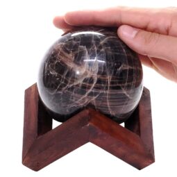 Black Moonstone Sphere with Timber Display 8cm Stand T3119 | Crystal Factory