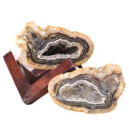 Banded Agate Geode Pair with Timber Stand 12cm - L527 | Crystal Factory