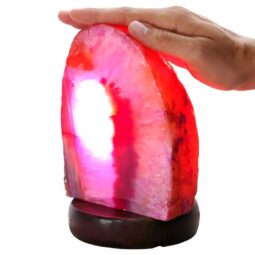 Pink Agate Crystal Lamp with Wooden Base - Purple LED - N2377 | Crystal Factory
