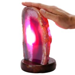 Pink Agate Crystal Lamp with Wooden Base - Purple LED - N2378 | Crystal Factory
