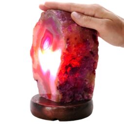Pink Agate Crystal Lamp with Wooden Base - Purple LED - N2379 | Crystal Factory
