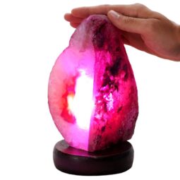 Pink Agate Crystal Lamp with Wooden Base - Purple LED - N2380 | Crystal Factory