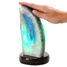 Teal Agate Crystal Lamp with Wooden Base - Green LED - N2389 | Crystal Factory