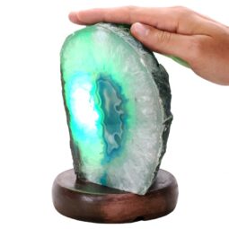 Teal Agate Crystal Lamp with Wooden Base - Green LED - N2390 | Crystal Factory