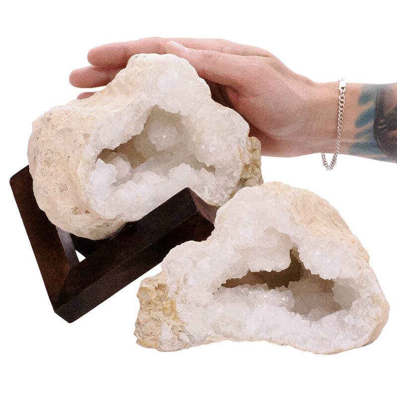 3.9kg Calcite Geode Pair on Timber Stand 12cm S1680 5 Calcite Geode Pair on Timber Stand 12cm S1680 | Crystal Factory