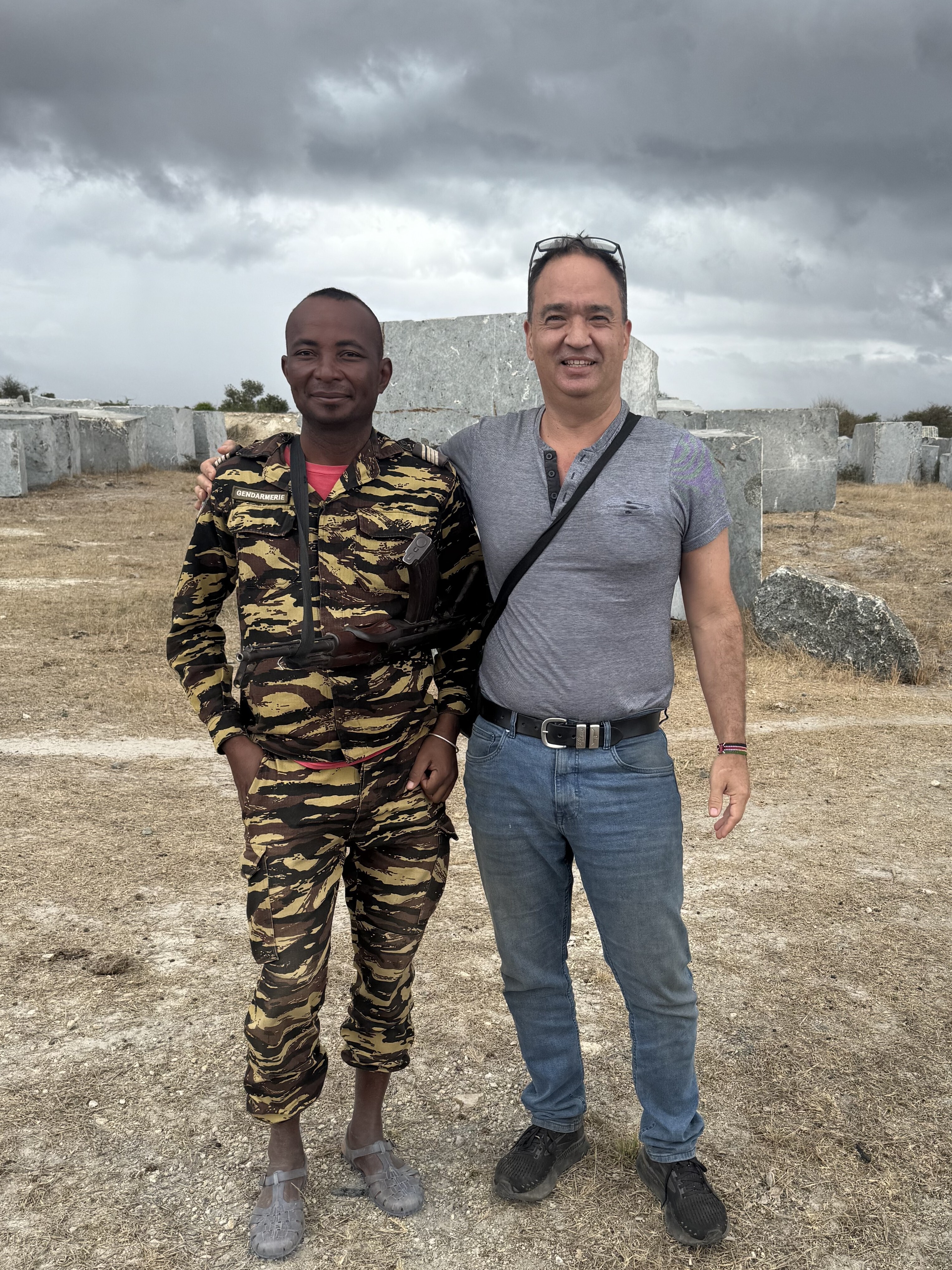 How We Travel the World to Source Our Crystals – Madagascar 2026 10 Patrik with armed gendarmerie guards at the labradorite mine site in Madagascar