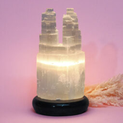 Selenite Twin Tower 20cm Lamp Marble Base – Energy Efficient | Crystal Factory