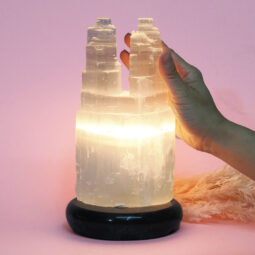 Selenite Twin Tower 20cm Lamp Marble Base – Energy Efficient | Crystal Factory