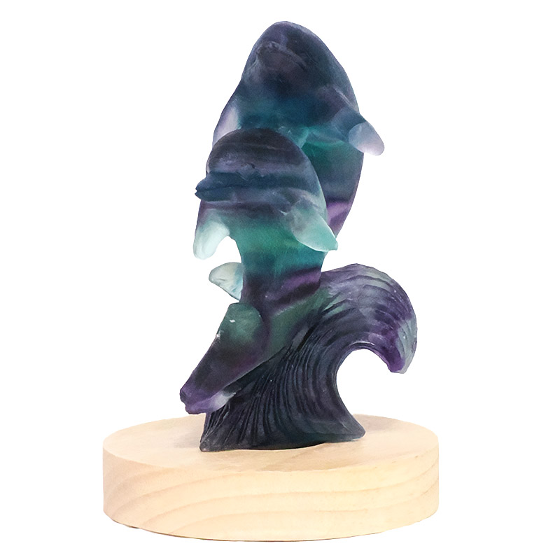 0.55kg Rainbow Fluorite Dolphins Carving on LED Light Base B920 5 Rainbow Fluorite Dolphins Carving on LED Light Base B920 | Crystal Factory