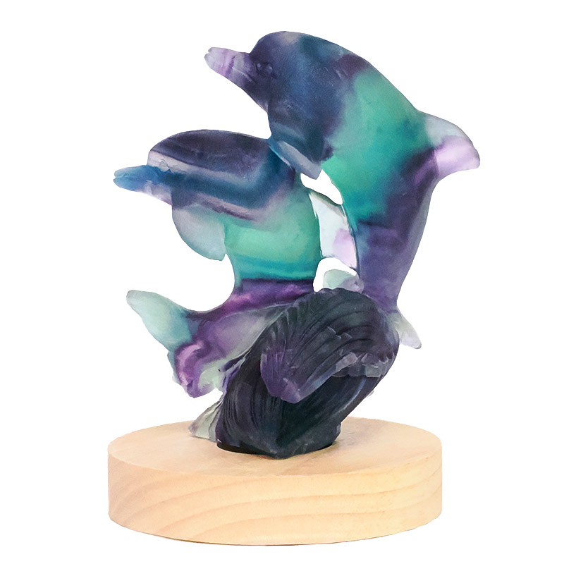 0.55kg Rainbow Fluorite Dolphins Carving on LED Light Base B920 3 Rainbow Fluorite Dolphins Carving on LED Light Base B920 | Crystal Factory