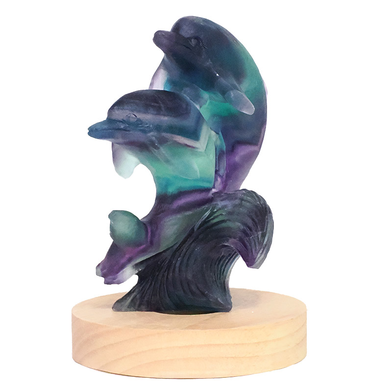 0.55kg Rainbow Fluorite Dolphins Carving on LED Light Base B920 7 Rainbow Fluorite Dolphins Carving on LED Light Base B920 | Crystal Factory