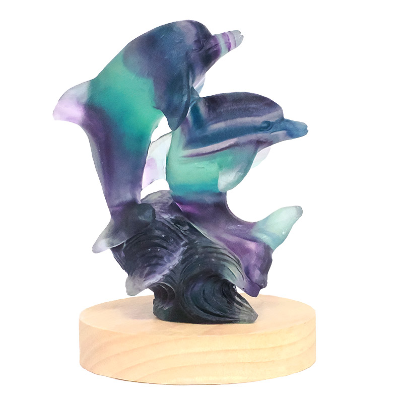0.55kg Rainbow Fluorite Dolphins Carving on LED Light Base B920 8 Rainbow Fluorite Dolphins Carving on LED Light Base B920 | Crystal Factory