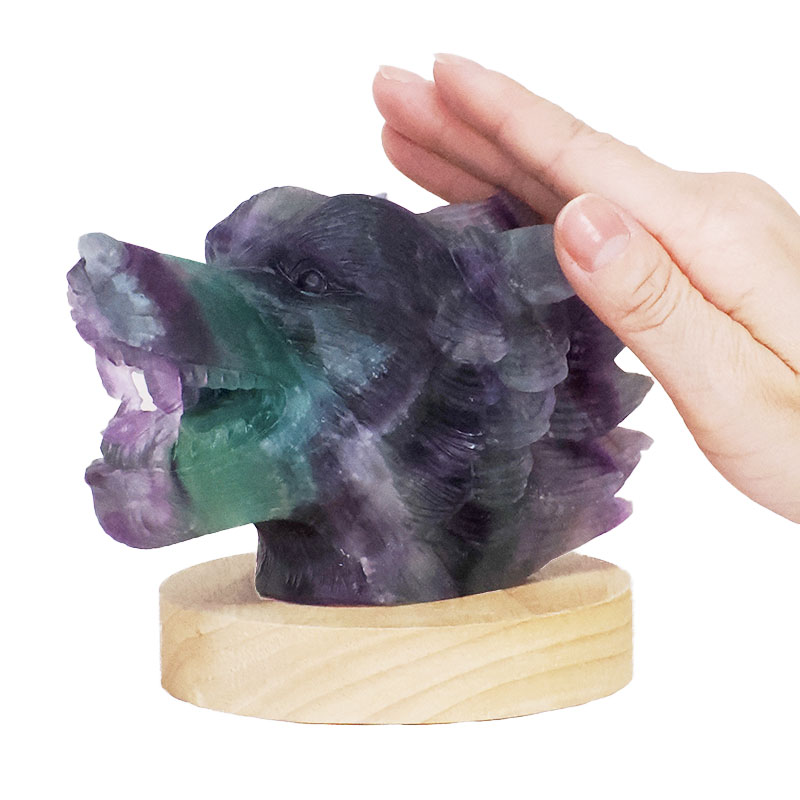 1.19kg Rainbow Fluorite Wolf Carving on LED Light Base B919 5 Rainbow Fluorite Wolf Carving on LED Light Base B919 | Crystal Factory