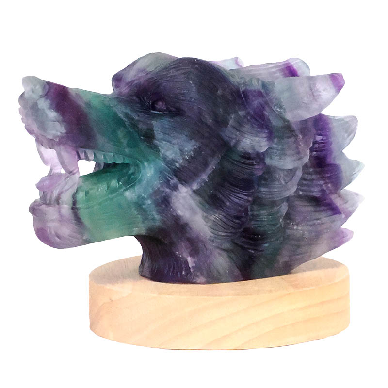 1.19kg Rainbow Fluorite Wolf Carving on LED Light Base B919 4 Rainbow Fluorite Wolf Carving on LED Light Base B919 | Crystal Factory