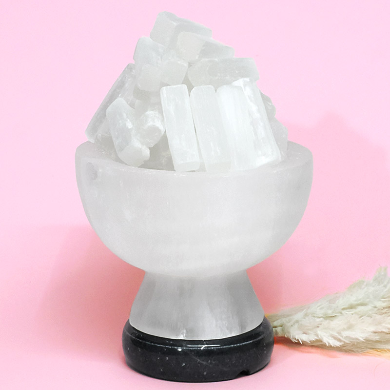 Selenite Fire Bowl Lamp Marble Base - Energy Efficient 2 Selenite Fire Bowl Lamp Marble Base – Energy Efficient | Crystal Factory